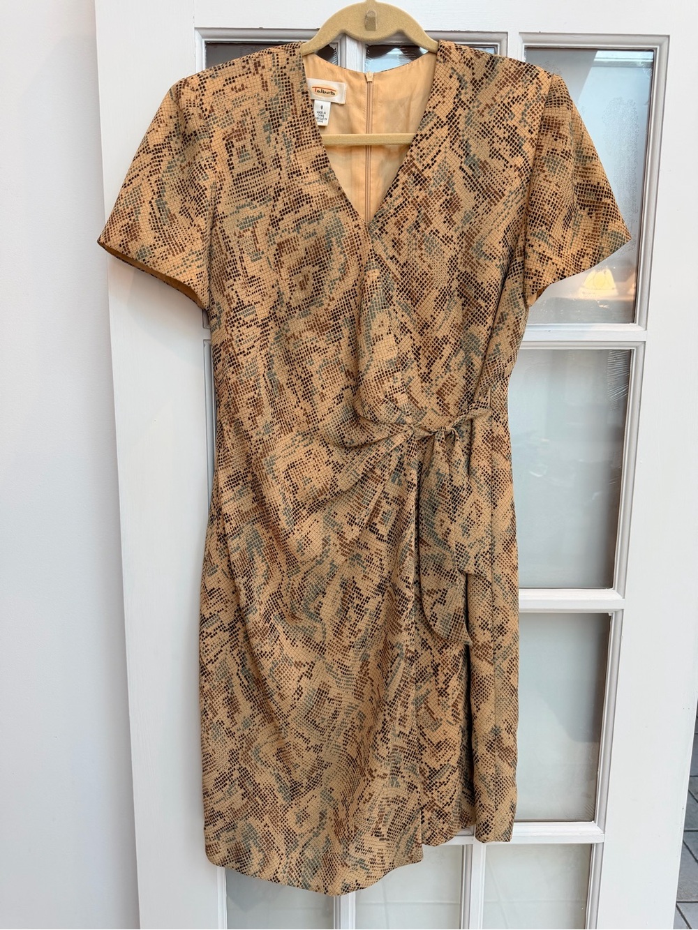 Vintage Talbots Tan & Brown Snake Print Faux Wrap Midi Dress Size 8 Medium M